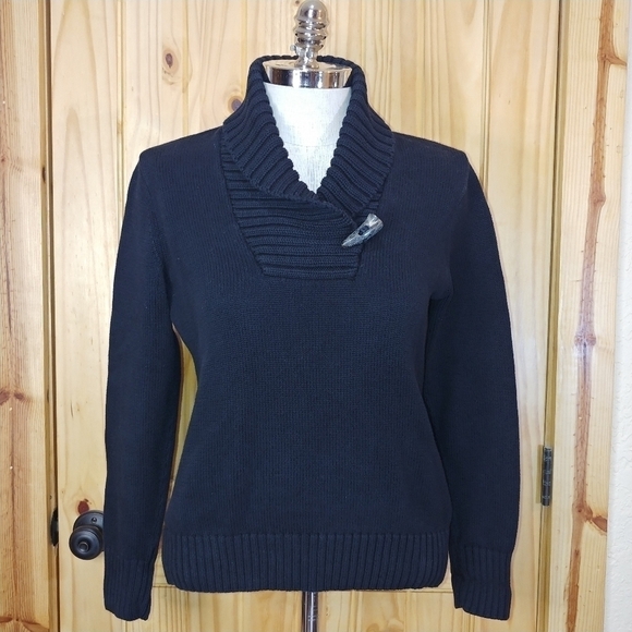Lauren Ralph Lauren Black Shawl Neck Toggle Sweater XL Preppy Classic Coastal - Picture 1 of 8